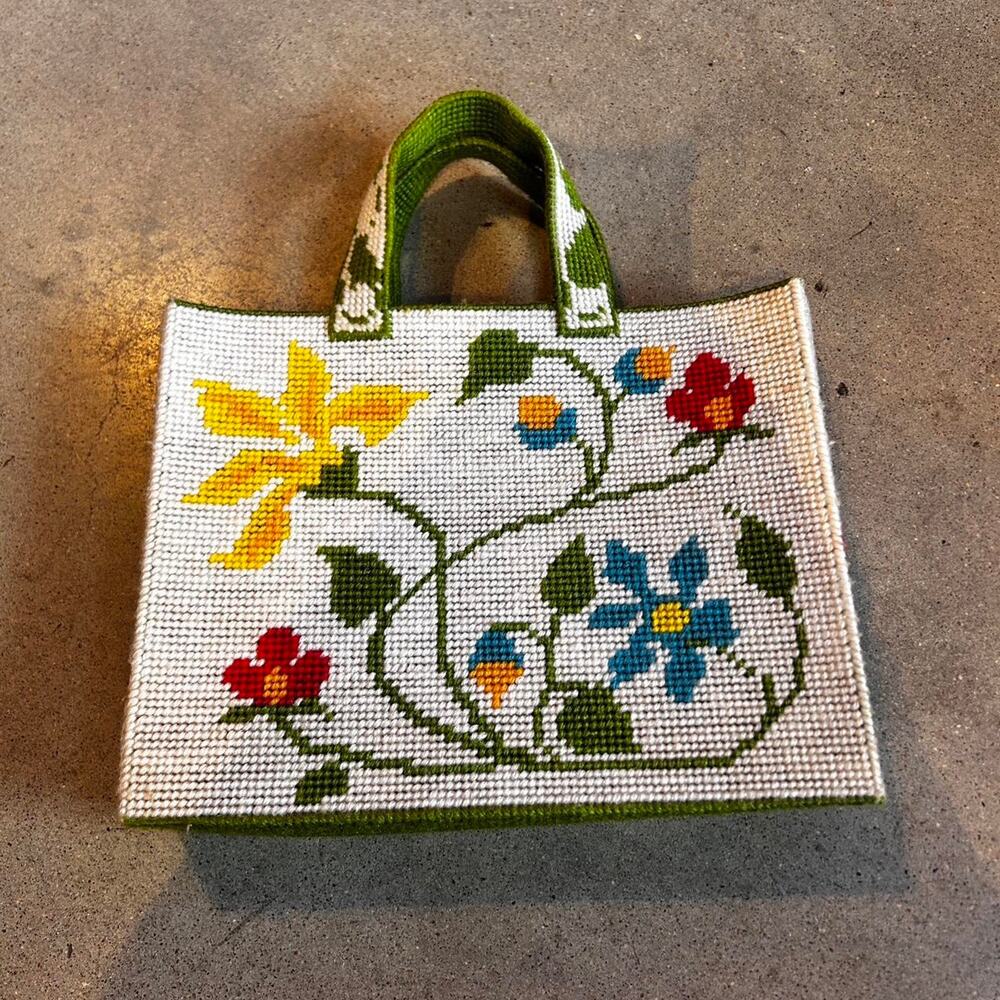 Vintage 1970s Needlepoint Flower Tote Bag